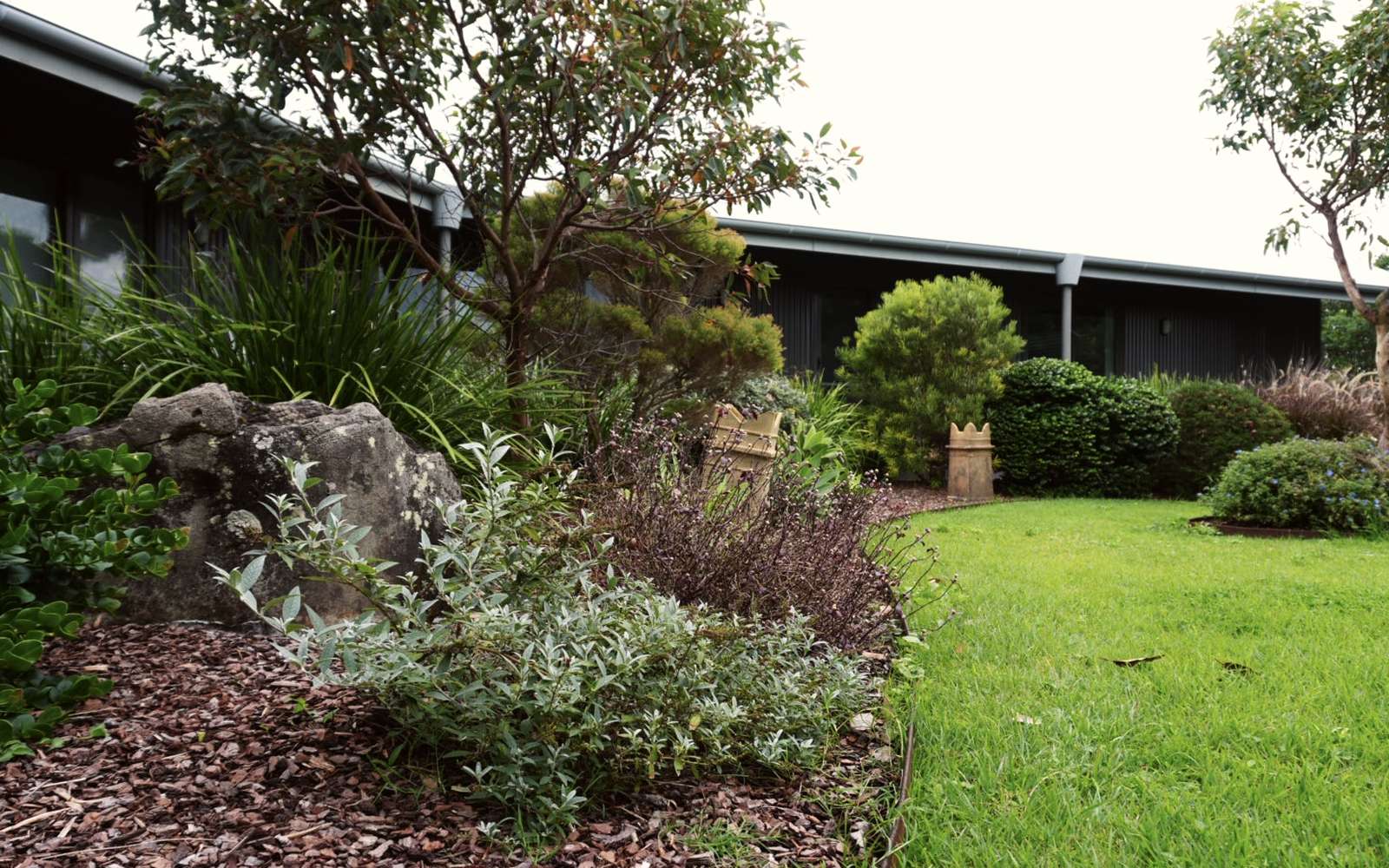 Native garden bed with stone, silver foliage and grasses against a dark-clad house