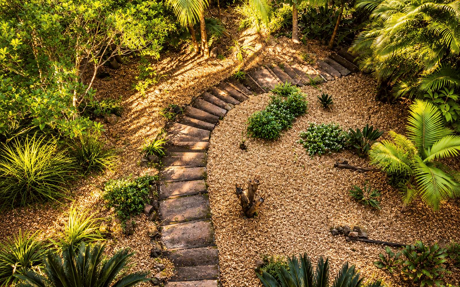 The same Byron Bay garden after the cleanup — path revealed, beds cleared and mulched